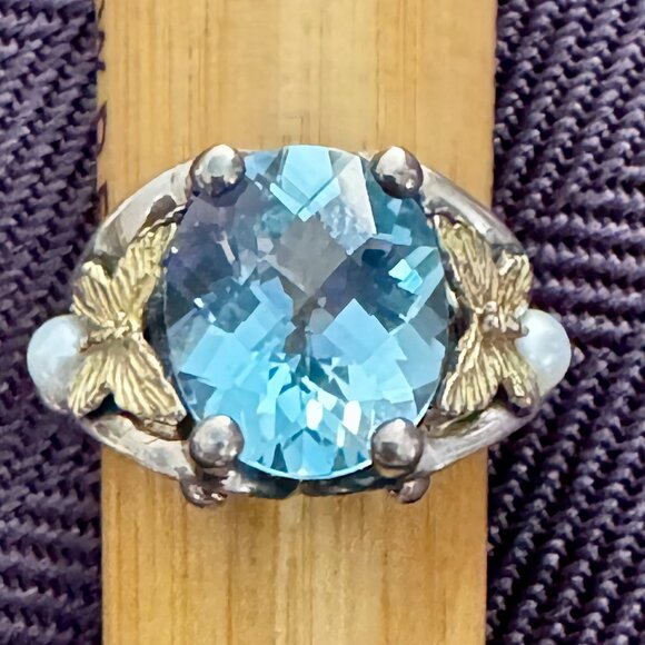 Stunning Ann King Rare Blue Topaz Sterling 18K Gold w Pearl Ring womens size 6 - Picture 1 of 9